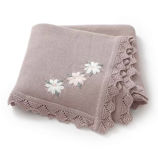 Embroidered Flower Knit Blanket | Soft Lilac