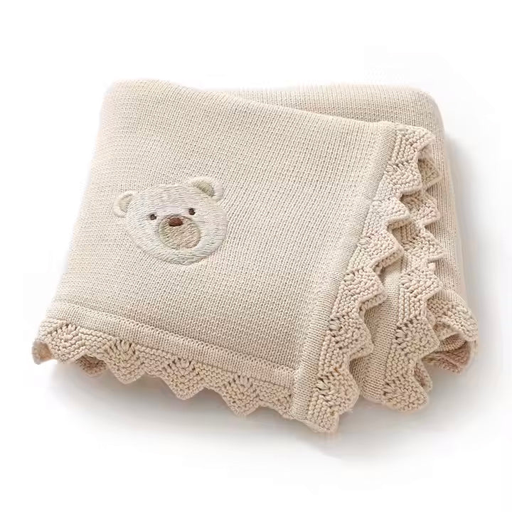 Bear Embroidery Knit Blanket | Caramel