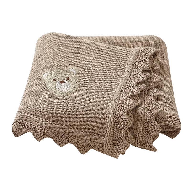 Bear Embroidery Knit Blanket | Coffee
