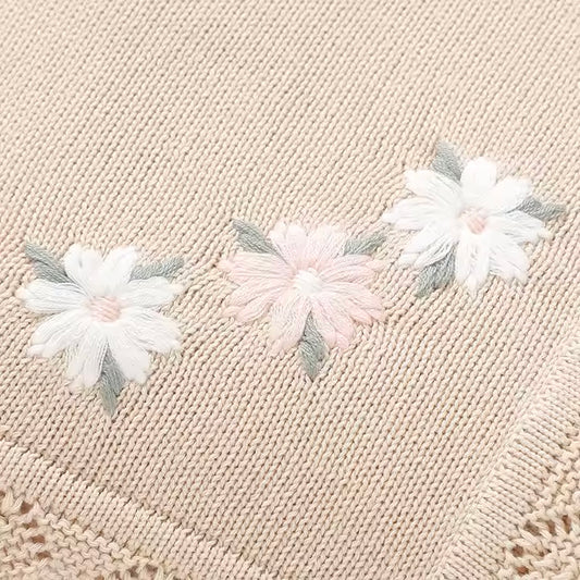 Embroidered Flower Knit Blanket | Caramel