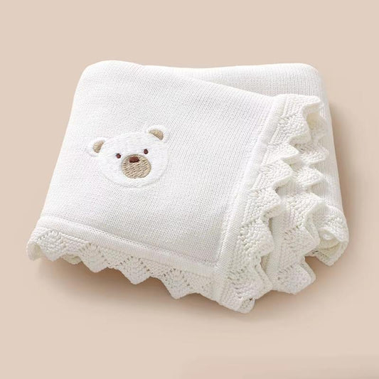 Bear Embroidery Knit Blanket | White