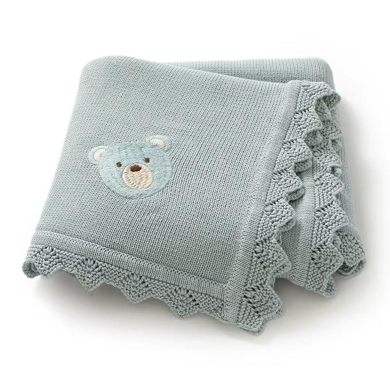 Bear Embroidery Knit Blanket | Aqua
