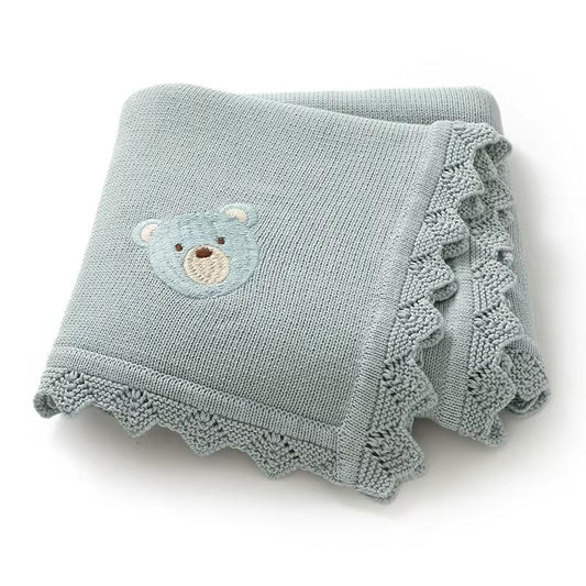 Bear Embroidery Knit Blanket | Aqua